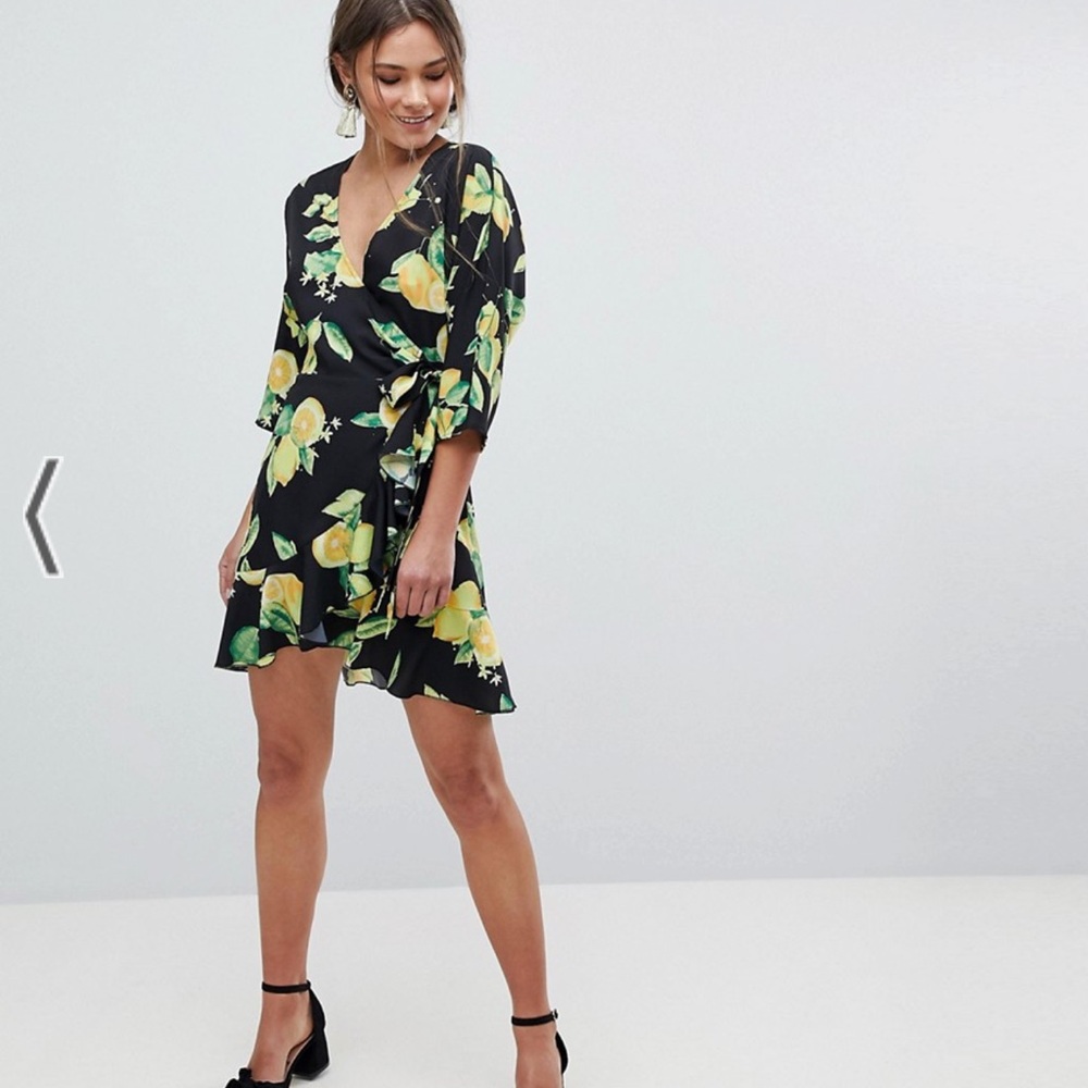Lemon Wrap Mini Dress in Black and Yellow